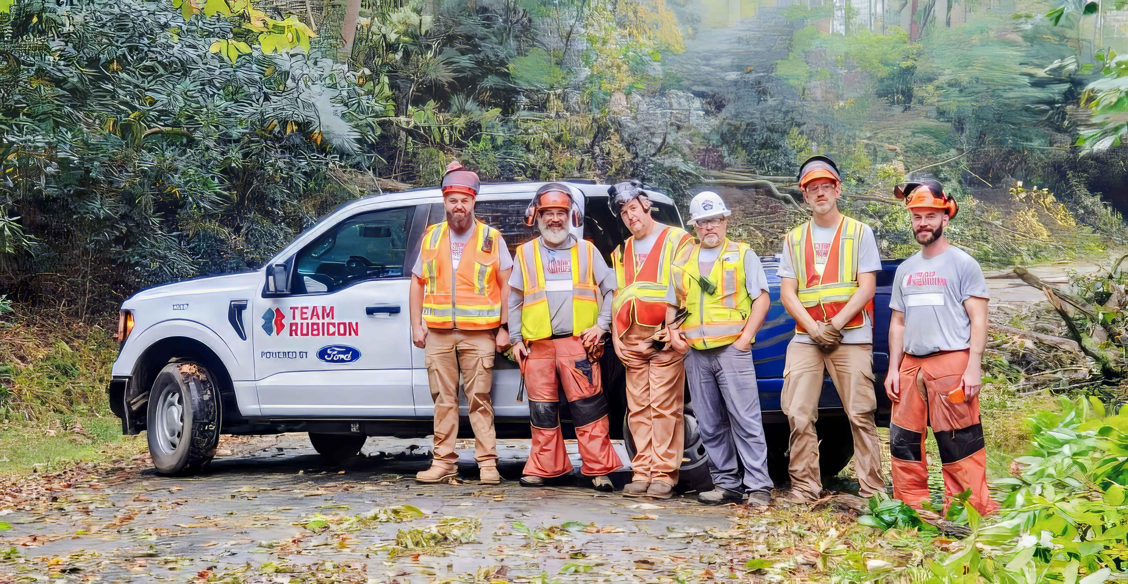 Six Greyshirts stand in front of a Team Rubicon branded truck. They are wearing high-visibility vests and chainsaw PPE. Around them are downed trees and leaves.